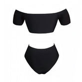 Black & White Rose Off-Shoulder Short Sleeve 2 Piece Bikini Set